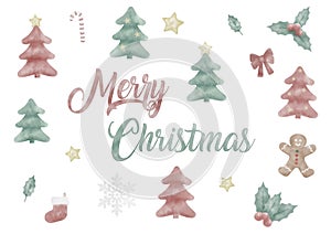 Hand painted watercolor christmas holiday elements, tree, gingerbread, holy, isolated on white background