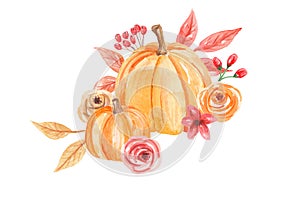 Akvarel dýně květiny ruka namalovaný pokles podzim věnec 