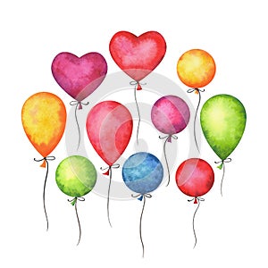 Hand painted watercolor colorful air balloons set