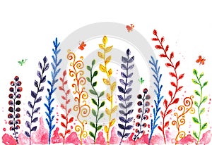 Hand painted watercolor colorful plants, twigs and flowers