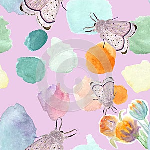 Hand painted watercolor delicate moth flower pattern