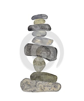 Hand painted watercolor grey cairns, Watercolor stone pyramids on white background