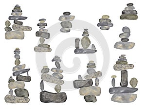 Hand painted watercolor grey cairns, Watercolor stone pyramids on white background