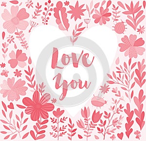 Hand painted watercolor heart frame background with flowers. perfect for Valentines Day greeting cards. Hand-drawn