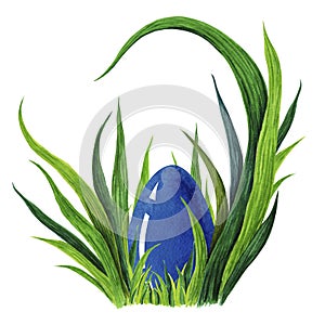 Hand painted watercolor illustration of colorful blue Easter egg laying in fresh green grass tuffet. closeup