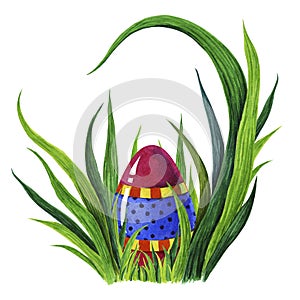 Hand painted watercolor illustration of colorful Easter egg whit decorative elements laying in fresh green grass tuffet