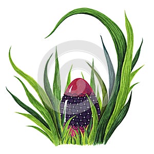 Hand painted watercolor illustration of colorful Easter egg whit decorative elements laying in fresh green grass tuffet