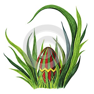 Hand painted watercolor illustration of colorful Easter egg whit decorative elements laying in fresh green grass tuffet