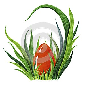 Hand painted watercolor illustration of colorful red Easter egg laying in fresh green grass tuffet. closeup