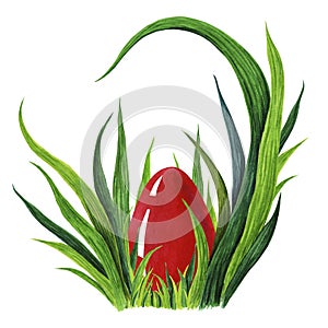 Hand painted watercolor illustration of colorful red Easter egg laying in fresh green grass tuffet. closeup