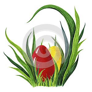 Hand painted watercolor illustration of colorful red and yellow Easter eggs laying in fresh green grass tuffet. closeup