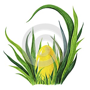 Hand painted watercolor illustration of colorful yellow Easter egg laying in fresh green grass tuffet. closeup