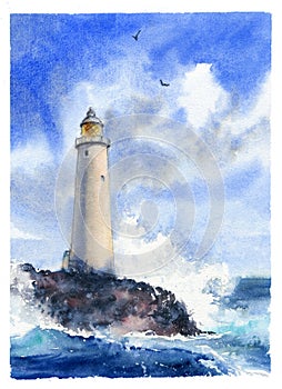 Hand-painted watercolor illustration of lighthouse with sea, ocean waves. Backdrop design for printed products