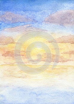 Hand painted watercolor illustration of the sunset at the sea with cloudy sky. Vector