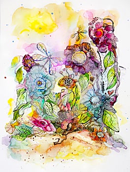 Hand painted watercolor and ink art garden