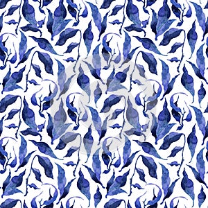 Hand painted watercolor ink leaves seamless floral pattern background. Blue leaves seamless watercolor leaf pattern for