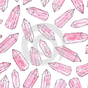 Hand painted watercolor and ink pink crystals seamless pattern on the white background. Rose quartz