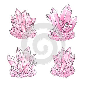 Hand painted watercolor and ink set of pink crystal clusters isolated on the white background. Quartz minerals
