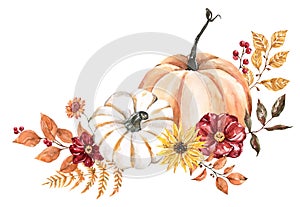 Hand-painted watercolor orange and white gourds with autumn foliage, seasonal flowers, berries