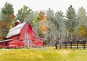 Cottage house watercolor painting at country side