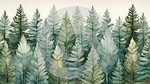Hand-painted watercolor pine forest in misty morning. Wall art wallpaper