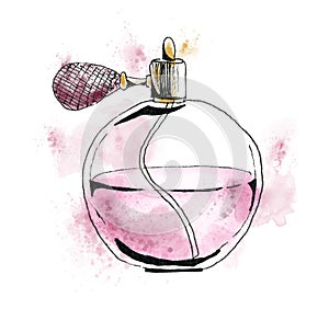 Hand painted watercolor pink bottle of Perfume