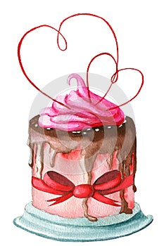 Hand painted watercolor pink cake with chocolate, cream. two hearts and red bow knot