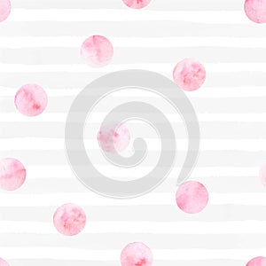 Hand painted watercolor pink circles and gray stripes seamless p