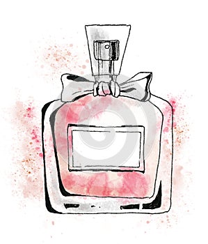 Hand painted watercolor red bottle of Perfume