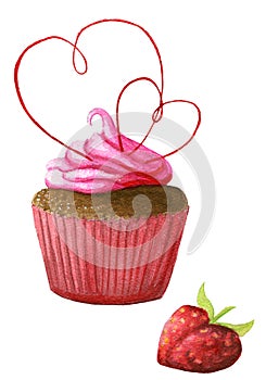 Hand painted watercolor red cupcake with pink cream swirl topping two hearts and strawberry isolated