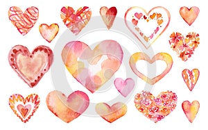 Hand-painted watercolor red yellow and pink hearts set, paper texture on white background