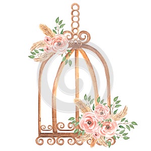 Hand painted watercolor rusty vintage bird cage with dirty pink roses flowers bouquet and green leaves branch. Provence style