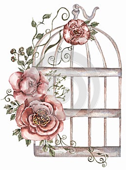 Hand painted watercolor rusty vintage bird cage with red roses flowers bouquet and green leaves branch. Provence style