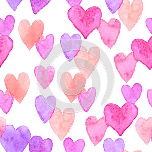 Hand painted watercolor seamless pattern with random little purple pink violet hearts on white background