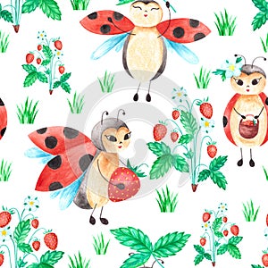 Hand painted watercolor seamless summer pattern with lady birds