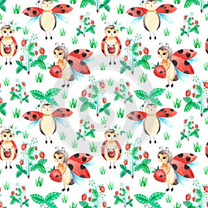 Hand painted watercolor seamless summer pattern with lady birds