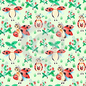 Hand painted watercolor seamless summer pattern with lady birds