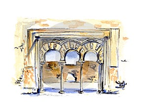 Hand painted watercolor sketch illustration architecture Arabic