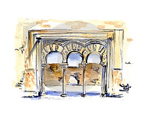 Hand painted watercolor sketch illustration architecture Arabic photo