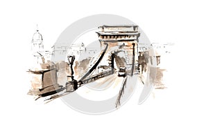 Hand painted watercolor sketch illustration Chain Bridge Budapest Hungary