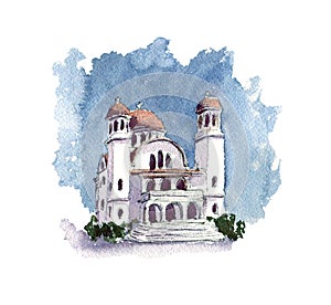 Hand painted watercolor sketch illustration orthodox greek church from Crete