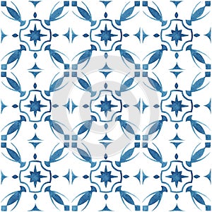 Hand-painted watercolor tiles with blue ornament.