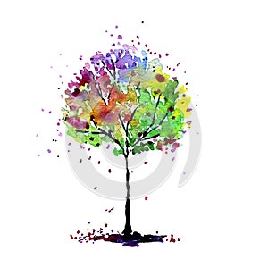 Hand painted watercolor vivid colorful tree