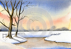 Hand painted watercolor winter landskape. Dawn sky above the snow foeld and frozen lake with a distant forest and two trees near t