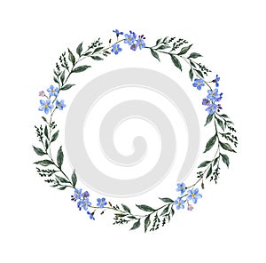 Hand painted watercolor wreath with forget me not flowers. Blue floral frame on white background. Wedding invitation template