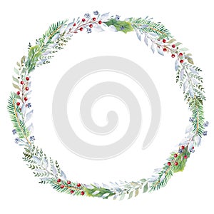 Hand painted watercolor wreath with greenery and red berries. Christmas clipart.