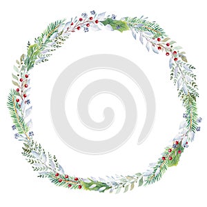 Hand painted watercolor wreath with greenery and red berries. Christmas clipart. photo