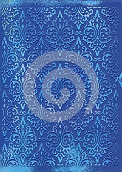 Hand-painted watercolour Abstract Paint Splashes in Blue on Embossed Paper with a Damask Pattern