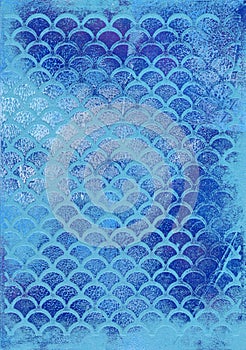 Hand-painted watercolour Abstract Paint Splashes in Blue on Embossed Paper with Scallop Mermaid Scale Pattern