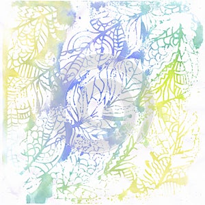Hand-painted Watercolour Abstract Paint Splashes in Blue, Green and Yellow Feather Decorative Elements